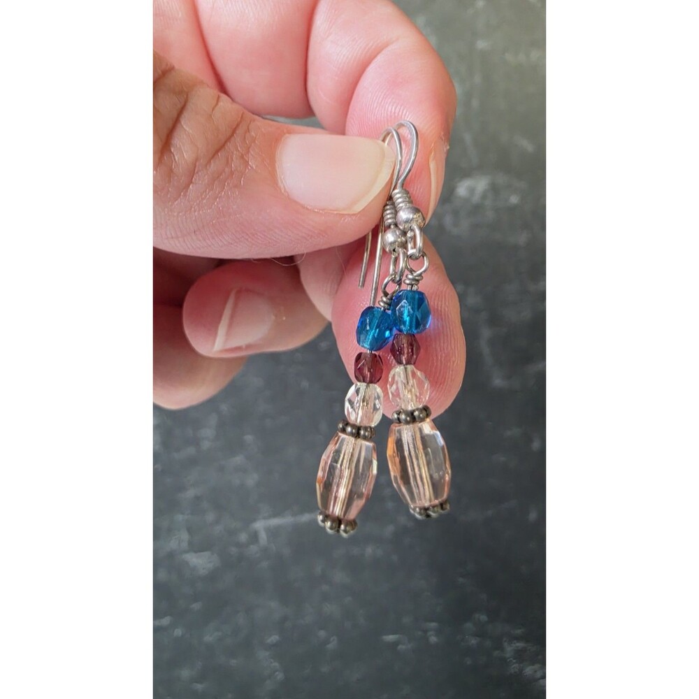925 Sterling Silver Multicolored Glass Beaded Dangling Pierced Earrings Vintage